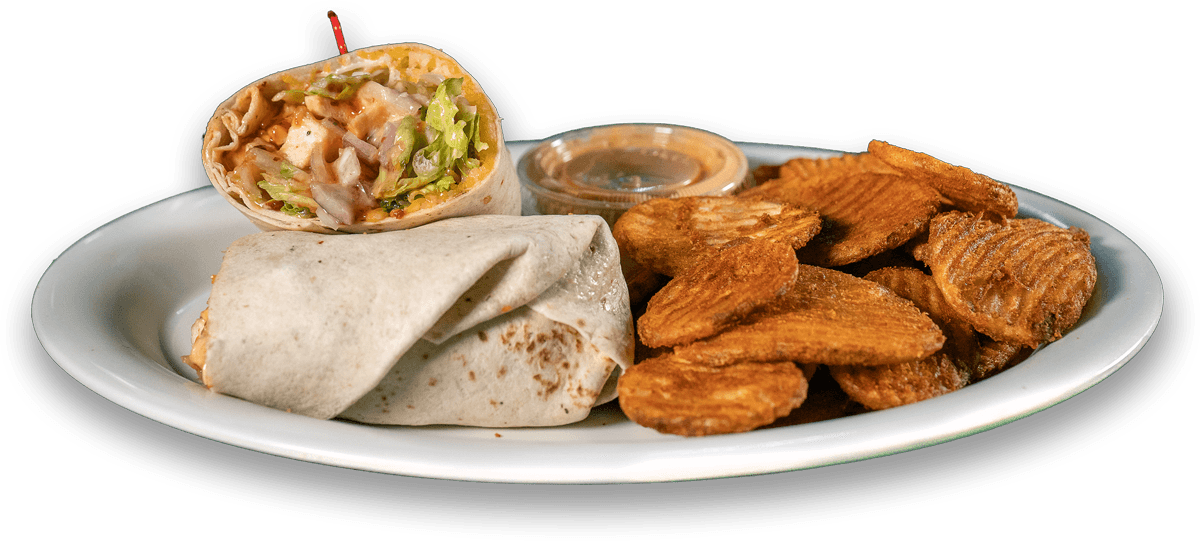 Plate with a partially unwrapped tortilla burrito filled with lettuce, chicken, and sauce, next to crispy seasoned potato chips and a small dipping sauce cup on a black background.